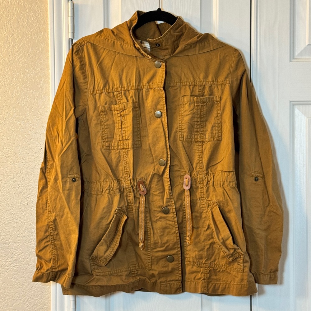 Maurices Women's Utility Jacket Brown Tab Sleeves Pockets Hooded Cinch Waist SzM